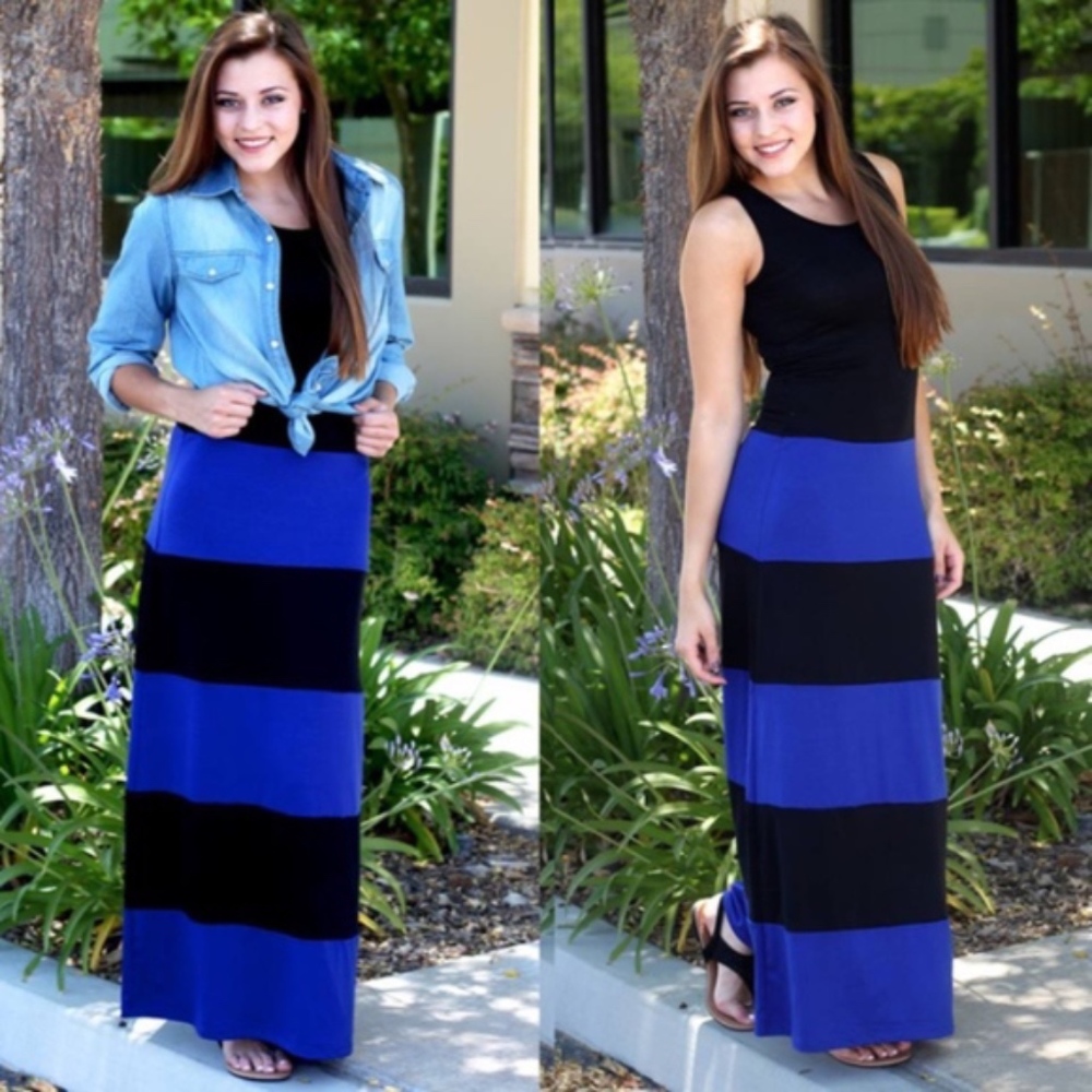 Blue and Black Striped Maxi Dress